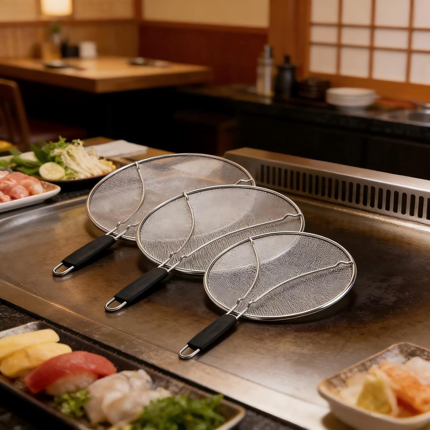 Stainless Steel Splatter Guard Fine Mesh For Pots Frying Pans(15in) | Rust-proof metal mesh blocks oil splashes while venting steam, heat-insulated grip, dishwasher safe, hangable flat storage