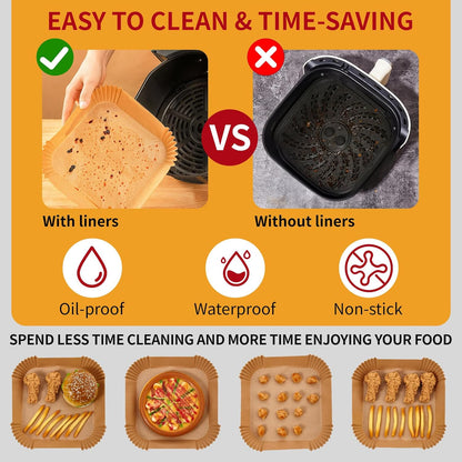 40GSM Air Fryer Liners, 6.5 Inch Air Fryer Liners Disposable, Unbleached Paper For 3-5Qt, Raw Wood Pulp, Double-Sided Silicone, For Health-Conscious Cooks & Busy Families, Square 100pcs