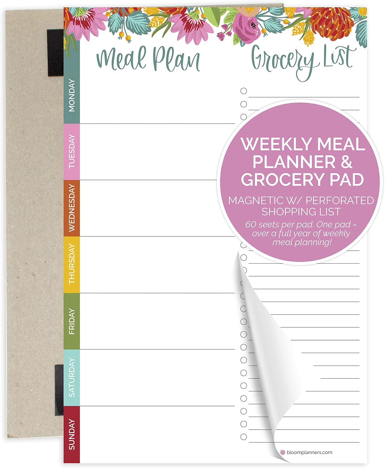 bloom daily planners Weekly Meal Planning Pad - Magnetic Hanging Refrigerator Menu Planner with Tear-Off Sheets & Perforated Grocery Shopping Lists - 6” x 9” (Pink Floral)