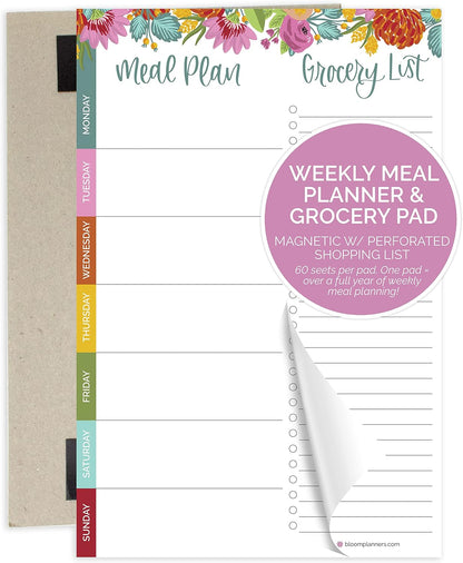 bloom daily planners Weekly Meal Planning Pad - Magnetic Hanging Refrigerator Menu Planner with Tear-Off Sheets & Perforated Grocery Shopping Lists - 6” x 9” (Pink Floral)