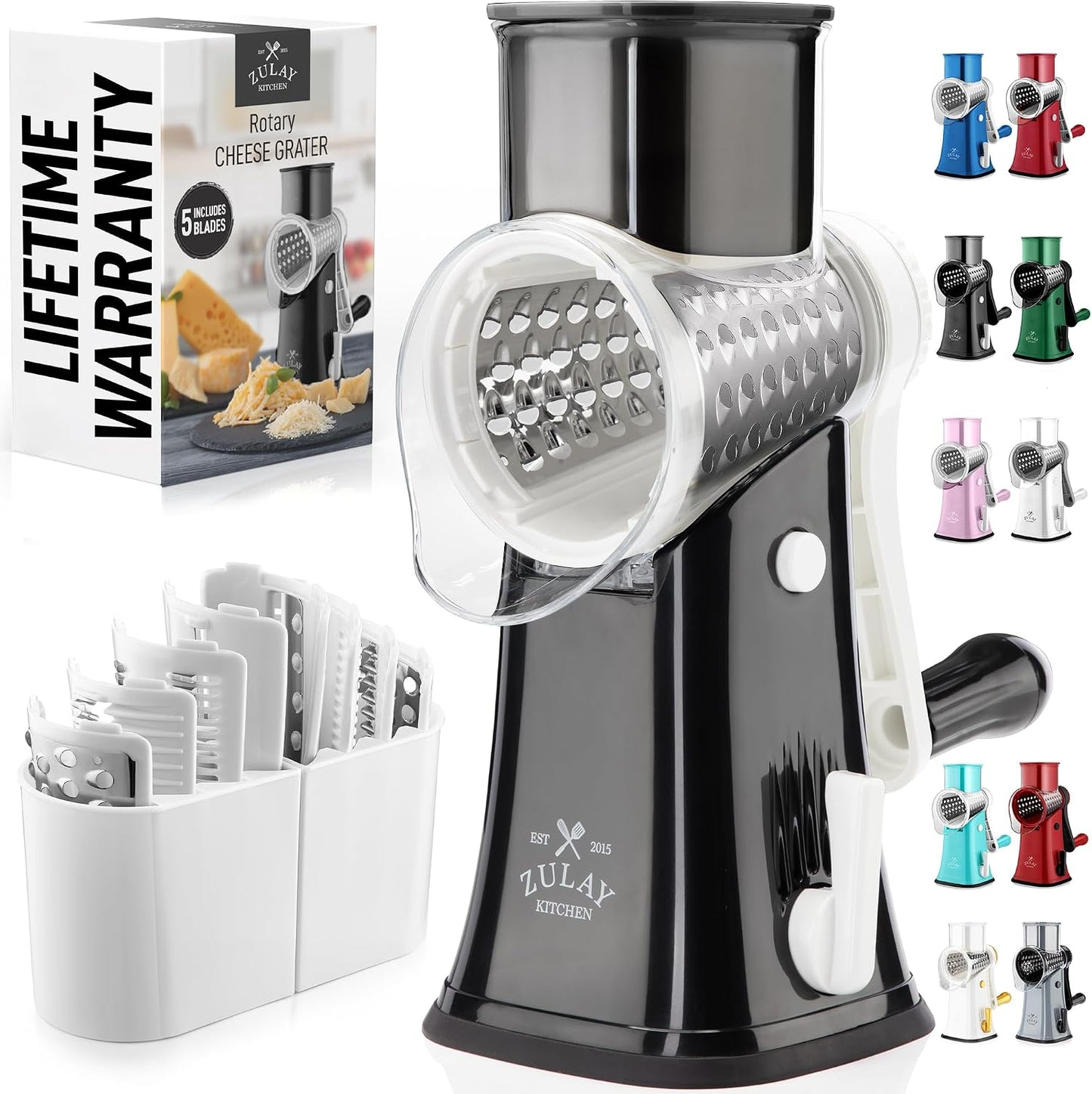 Zulay Kitchen Rotary Cheese Grater 5 Blade Cheese Shredder - Manual Hand Crank Cheese Grater With Reinforced Suction & 5 Interchangeable Drums - Easy to Use, Vegetable Chopper Round Mandoline Slicer - Colors B