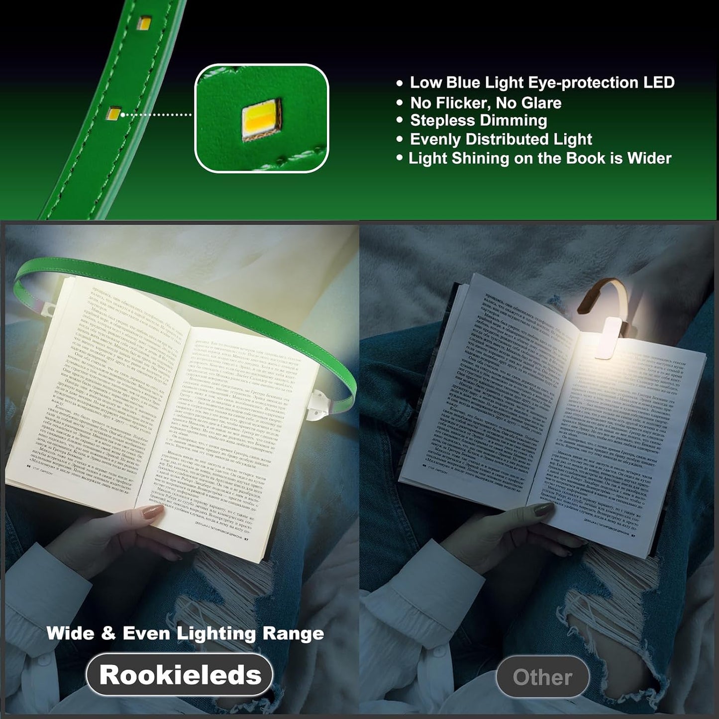 ROOKIELEDS Rechargeable Book Light for Reading, 12 LED Eye-Care Reading Light, 4 Color Temperatures, Stepless Dimming, No Flicker, Evenly Distributed Lighting for Books, Perfect for Reader (Green)