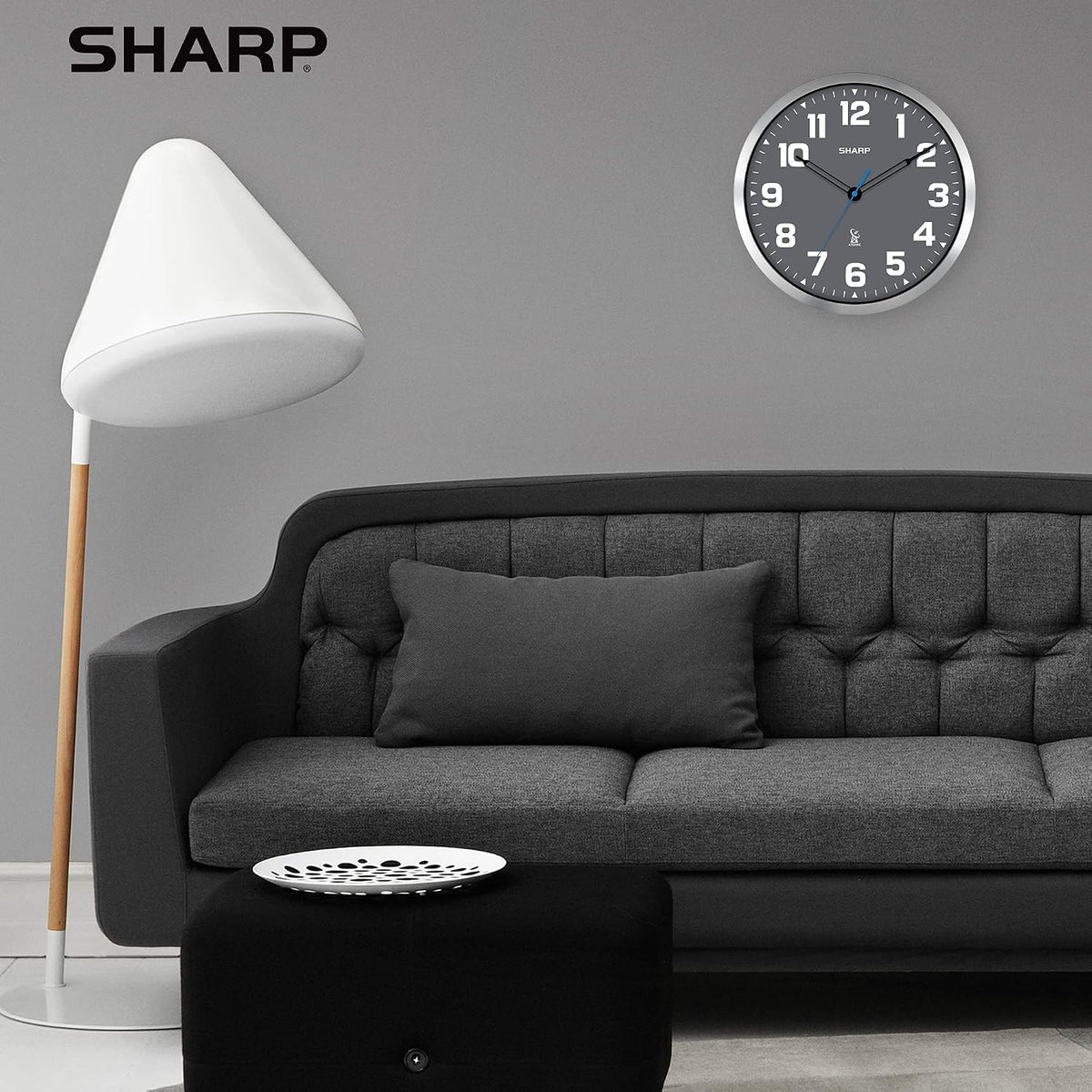 Sharp 12-Inch Atomic Wall Clock, Battery Operated, White with Black Frame