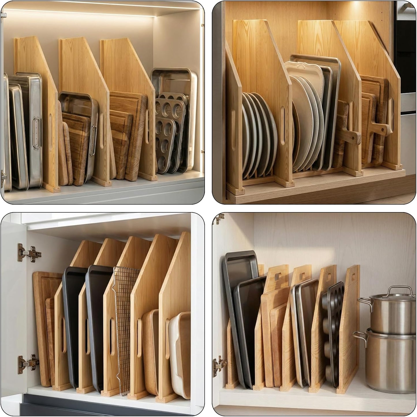 4 Pack Solid Wood Tray Dividers for Cabinet, Cookie Sheet Organizer for Cabinets, Baking Sheet Organizer, No-Cut Kitchen Cabinet Dividers, Cookie Trays for Kitchen, Pantry Storage