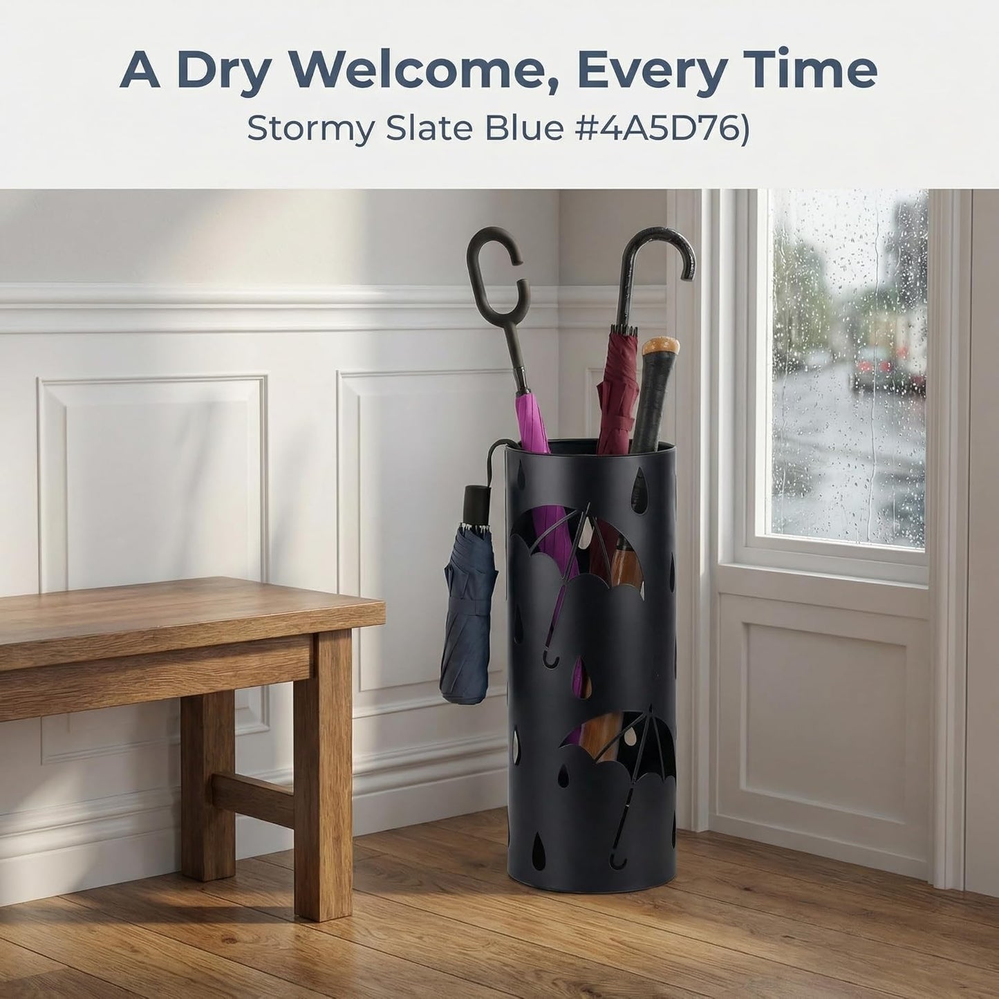 BEWBBAT Metal Umbrella Stand Rack for Entryway, Black Round Free Standing Umbrella Holder Organizer Bin with 3 Hooks for Walk Stick, Home Office Indoor, 17 x 7 Inch