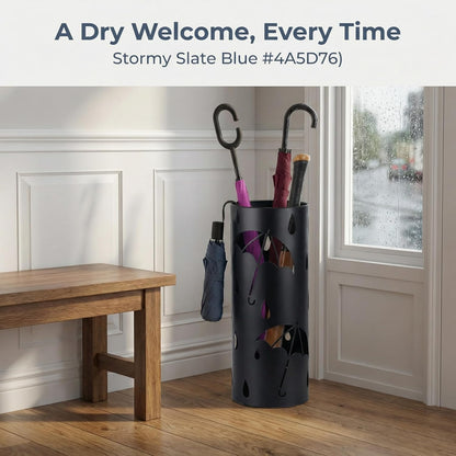 BEWBBAT Metal Umbrella Stand Rack for Entryway, Black Round Free Standing Umbrella Holder Organizer Bin with 3 Hooks for Walk Stick, Home Office Indoor, 17 x 7 Inch