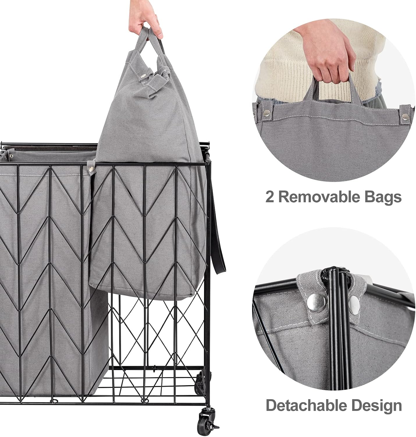 WOWLIVE Laundry Hamper 3 Section with Lid, 142L Laundry Basket with Wheels | Rolling Dirty Clothes Hamper with Removable Bags, Large Iron-Made Laundry Basket Organizer Laundry Sorter for Dorm, Beige