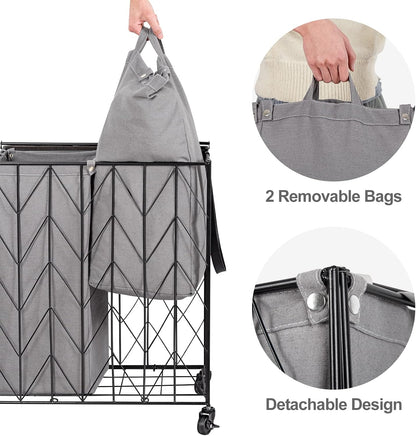 WOWLIVE Laundry Hamper 3 Section with Lid, 142L Laundry Basket with Wheels | Rolling Dirty Clothes Hamper with Removable Bags, Large Iron-Made Laundry Basket Organizer Laundry Sorter for Dorm, Beige