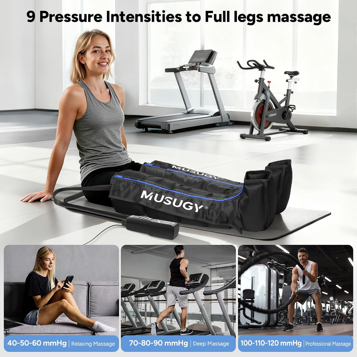 Sequential Leg Compression Massager for Circulation : Full Leg Air Compression Boots for Massage Therapy & Fatigue Relief - 9 Intensity, 6 Modes, 3 Timers for Athletes, Runners, Gym (Medium)