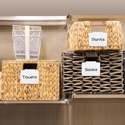 18 Pcs White Basket Labels Clip on, Removable Hanging Bin Labels for Storage Bin with Chalk Markers for Basket Kitchen Pantry