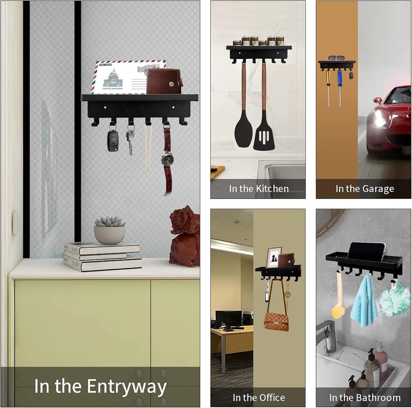 GTK Key Holder for Wall Key Hooks with Tray and 6 Hooks, Wall Mounted Key Holder for Hallway, Key Rack with Shelf for Mail Storage (Black)
