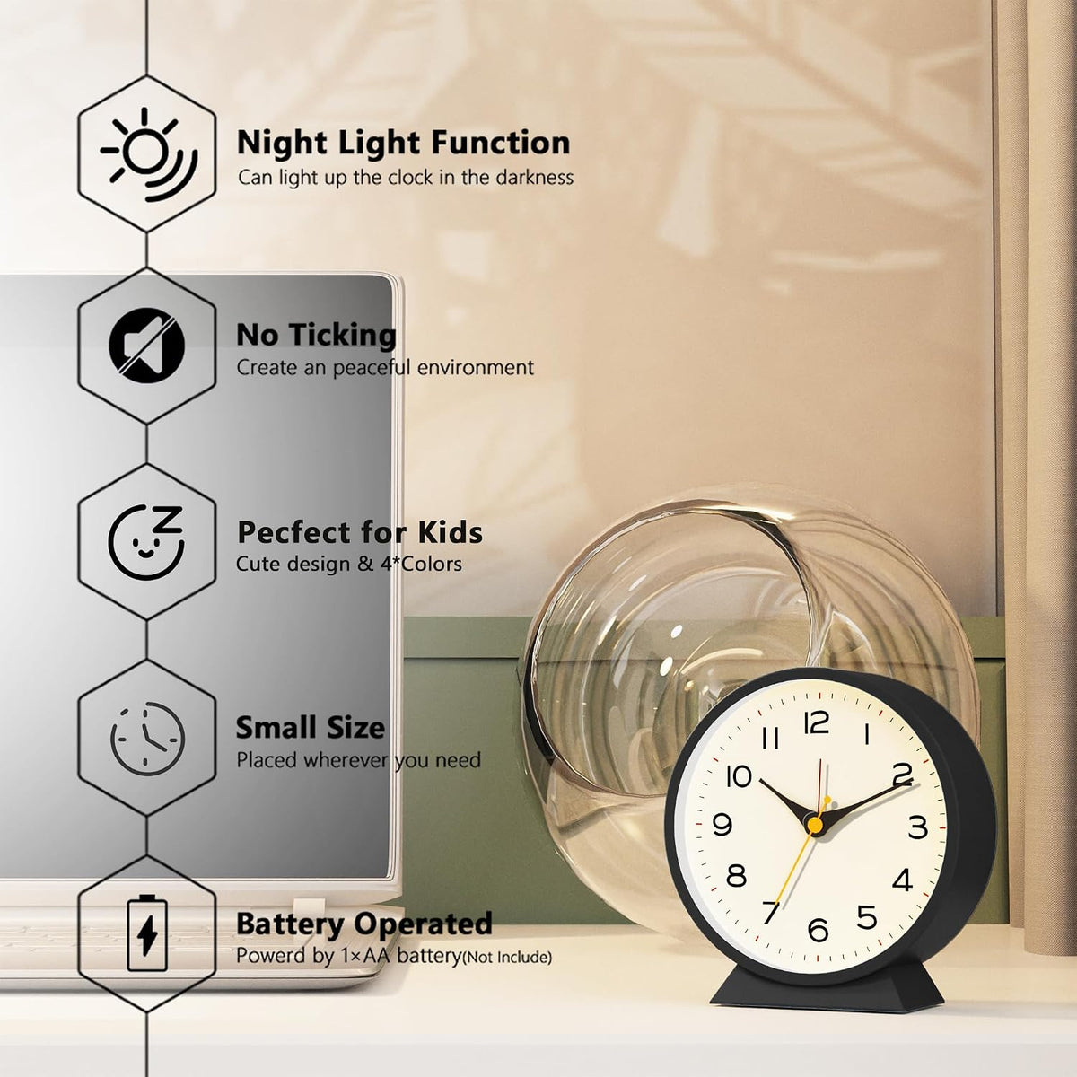 AYRELY® 4.5" Analog Alarm Clock, Small Retro Desk Clock and Table Clock