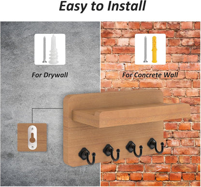 Nekon Key Holder Wall Mount, 8.5 Inch Small Wooden Wall Organizer, Black | Rustic Wall Shelf, Farmhouse Key and Mail Holder for Living Room Entryway Kitchen