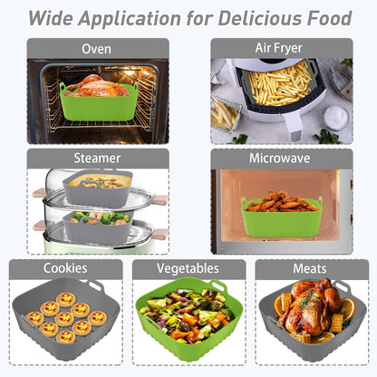 Silicone Air Fryer Liners 10QT, Reusable Airfryer Basket Liners Rectangular for Ninja DZ550/DZ401, 2Pcs 5QT Large Air Fryer Accessories,Replacement Basket Insert with Magnetic Cheat Sheet (2 Pcs Grey)