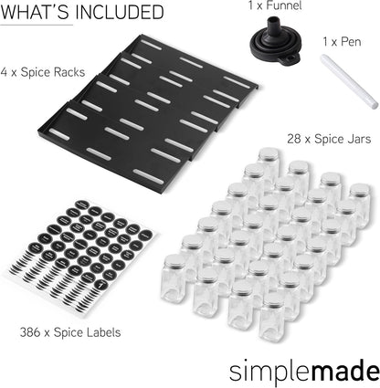 SIMPLEMADE-Spice Drawer Organizer, Spice Rack Drawer for Kitchen, 4 Tier Black Drawer Spice Organizer with 28 Jars and labels with a pen, Silicone Funnel, 13" by 17.5"