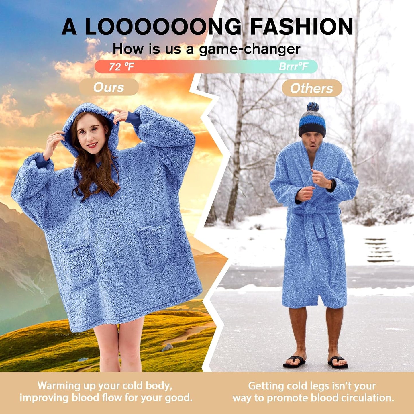 yescool Wearable Blanket Hoodie, Flannel Sherpa Fleece Blanket Sweatshirt for Adults Women Men,One Size Fits All - Colors A