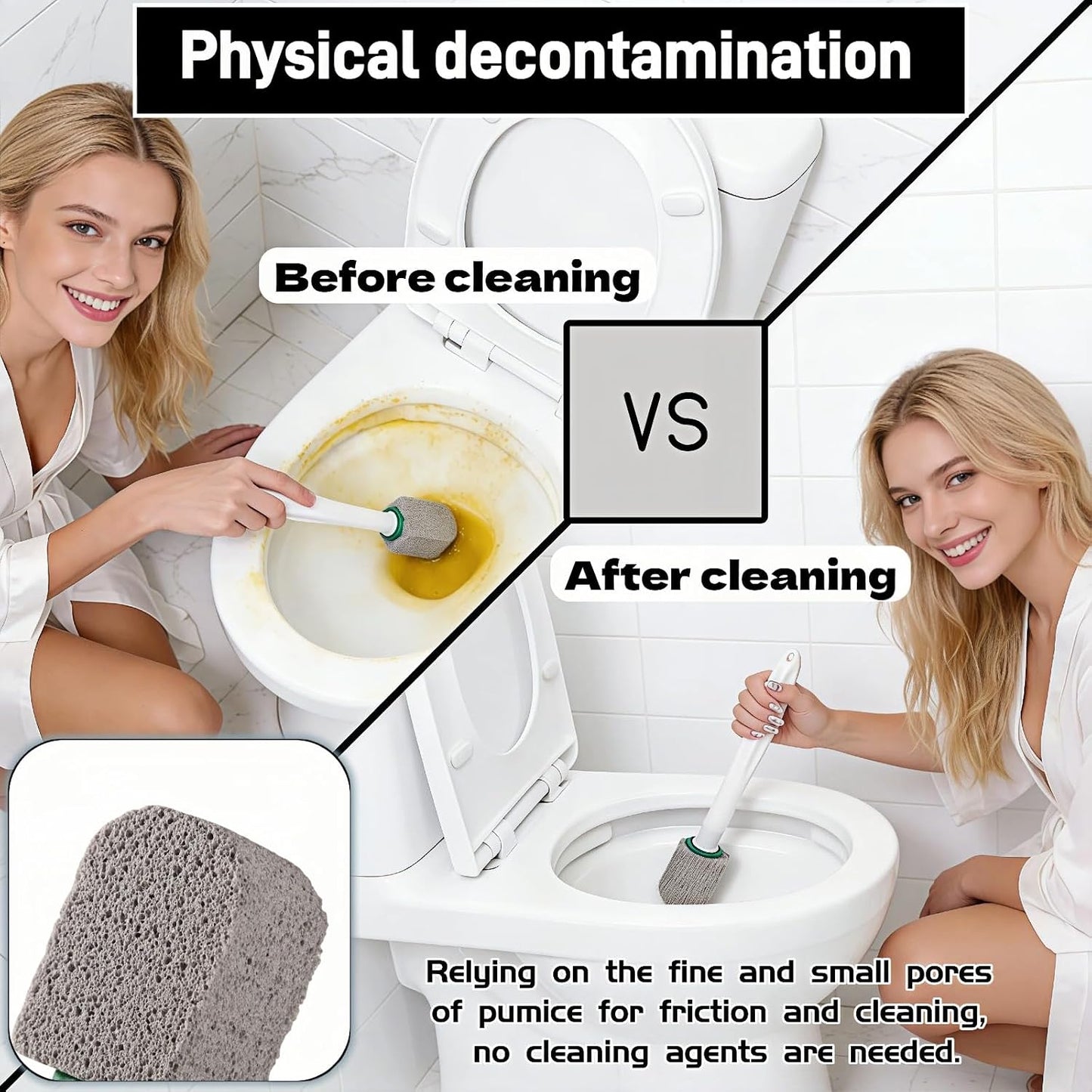Pumice Stone Toilet Bowl Cleaner with Long Handle, 9.65 Inch, Includes 1 Handle and 3 Pumice Stones, Hard Water Stain Remover for Toilet, Bathtub, Tile, Grill