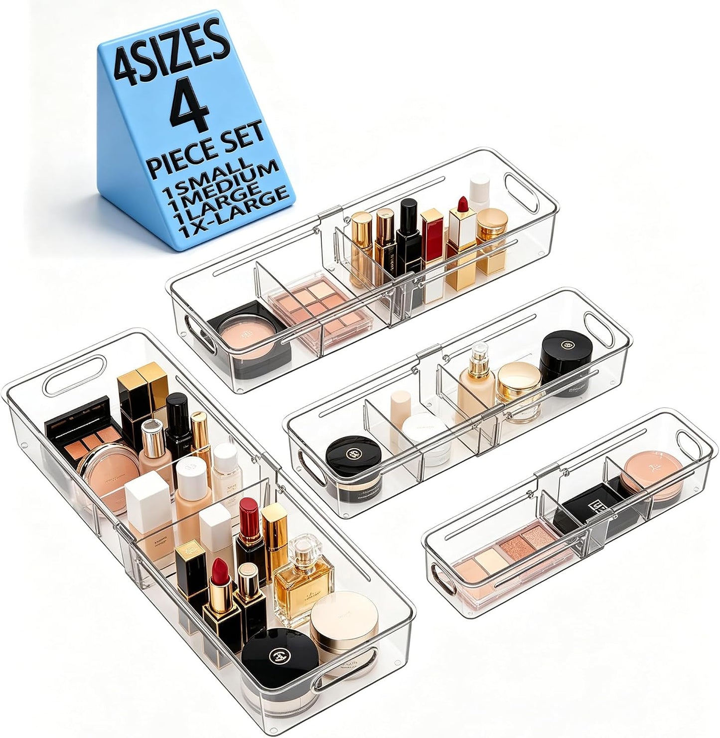 BLULEE 4-in-1 Expandable Drawer Organizer Set, Adjustable Clear Bins | with Dividers for Kitchen, Bathroom, Vanity & Office, Scalable Trays for Cosmetics, Utensils & Desk Accessories (4 Pcs)