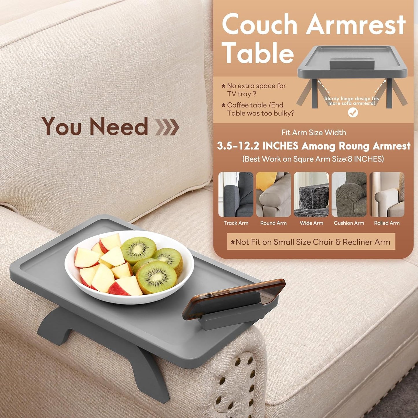 Couch Arm Tray,Bamboo Sofa Clip on Side Table,Foldable Couch Armrest Table with 360°Rotating Phone Holder,Anti Slip Food Trays for Eating/Drinks/Snacks/Remotes 15.35" x 9.85"
