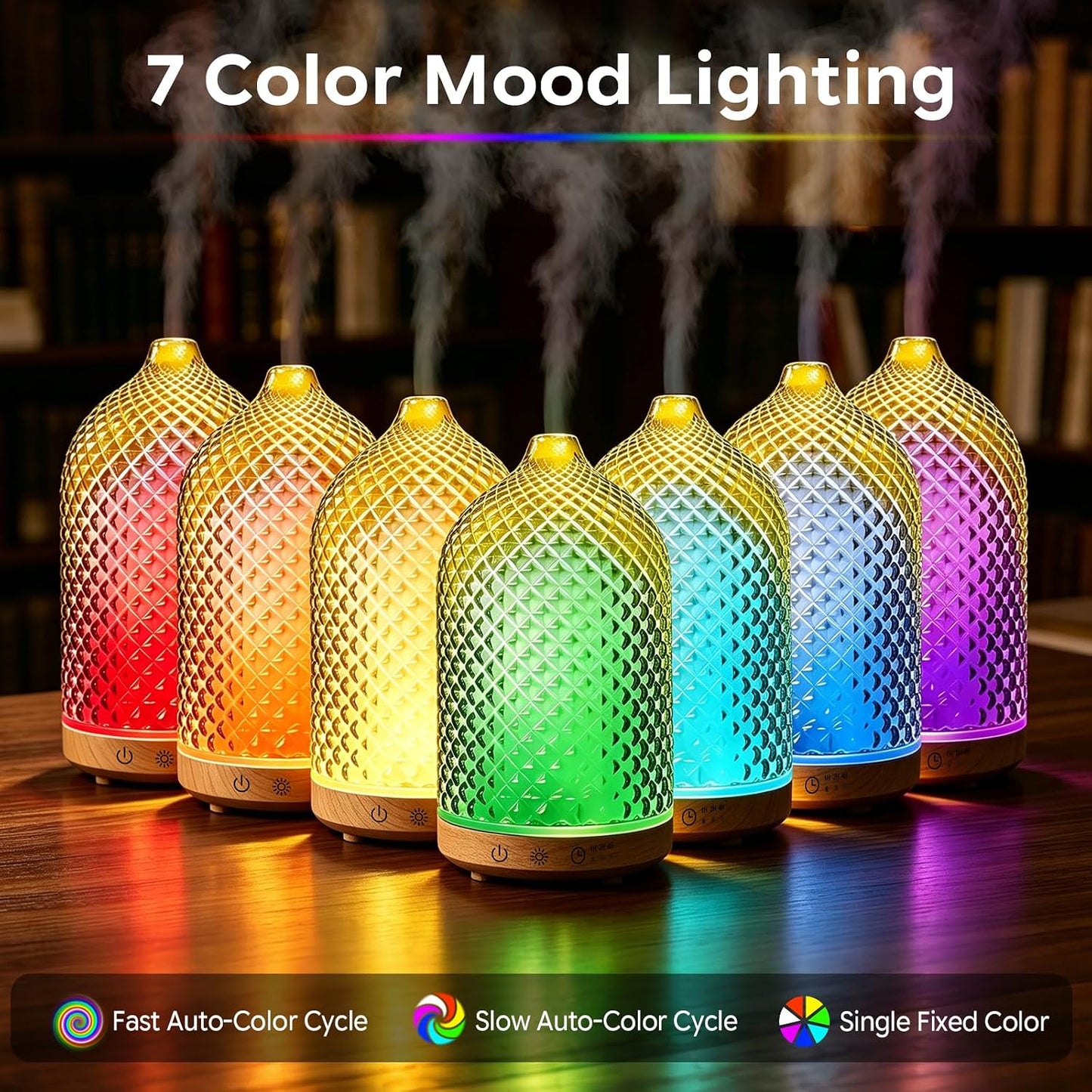 Essential Oil Diffuser 150ml, Glass Diffuser with Ultrasonic Small Humidifier, 7 Color Lights, 1/2/4H Timer, Quiet Auto Shut-Off Oil Diffuser for Bedroom, Home, Office (Silvery)
