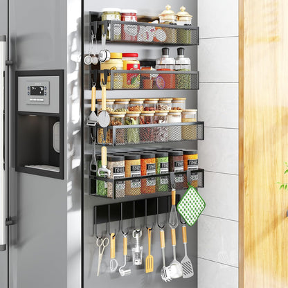 Aufworld Magnetic Spice Rack for Refrigerator, 3 Pack Magnetic Shelf, Moveable Fridge Organizer with 8-Hook Rack, Seasoning Organizer for Kitchen