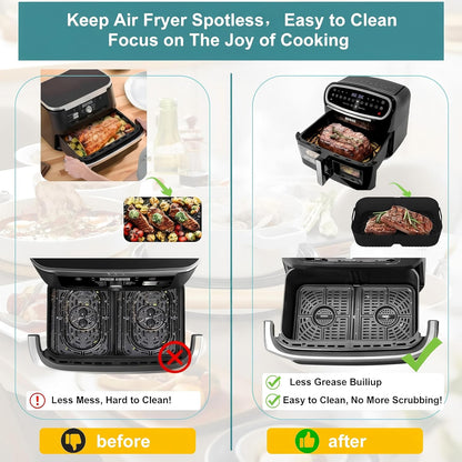 Szyeequoo Silicone Air Fryer Liners 2 Pack for Ninja Dual Zone, 1 Perforated and 1 Solid, Rectangle Reusable Liners for DZ201 DZ401 DZ550 DZ302, COSORI 9QT Instant Chefman Dual Basket Air Fryers