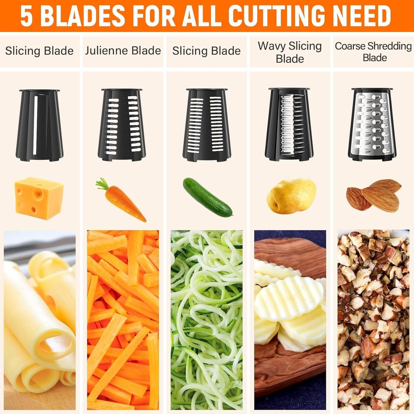 Rotary Cheese Grater Hand Crank with 5 Interchangeable Blades, Vegetable Slicer Chopper for Fruit Vegetable Nuts, Mandoline Slicer for Kitchen with Blades Rack & Suction Base, White