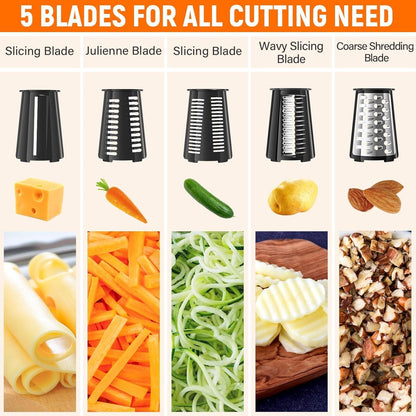 Rotary Cheese Grater Hand Crank with 5 Interchangeable Blades, Vegetable Slicer Chopper for Fruit Vegetable Nuts, Mandoline Slicer for Kitchen with Blades Rack & Suction Base, White