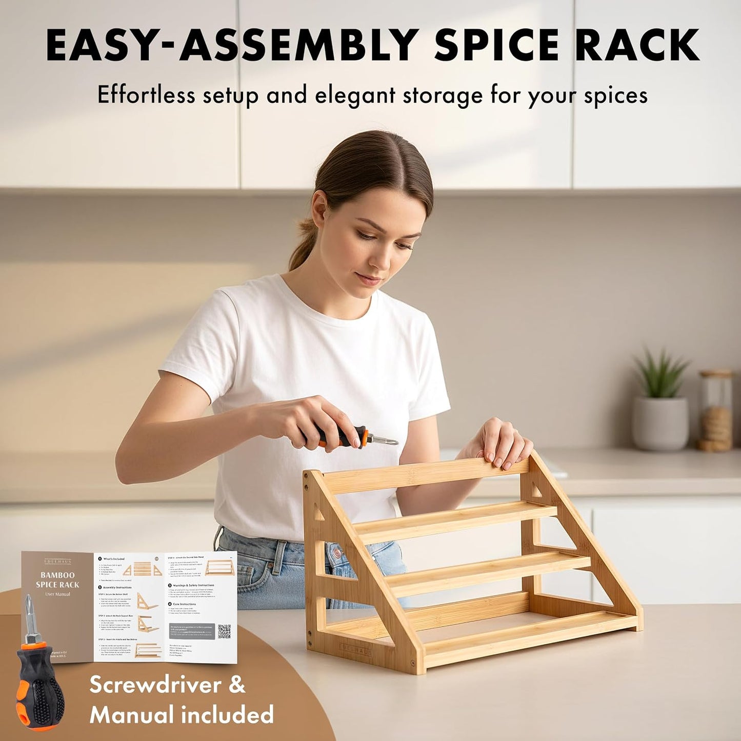Bamboo Spice Drawer Organizer - Expandable 4 Tier Spice Rack (Need 3" Deep Drawer) 12" to 24" Wide, Seasoning Organizer, Organization Seasoning Rack insert (Jars Not Included)
