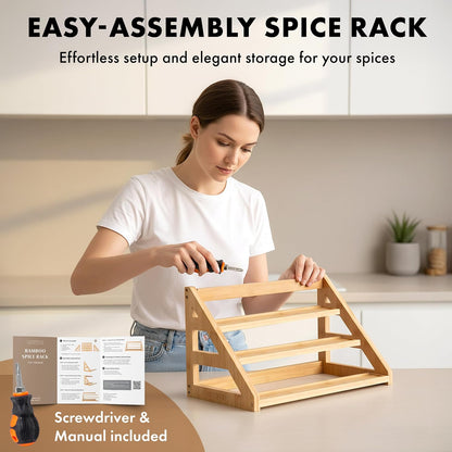 Bamboo Spice Drawer Organizer - Expandable 4 Tier Spice Rack (Need 3" Deep Drawer) 12" to 24" Wide, Seasoning Organizer, Organization Seasoning Rack insert (Jars Not Included)