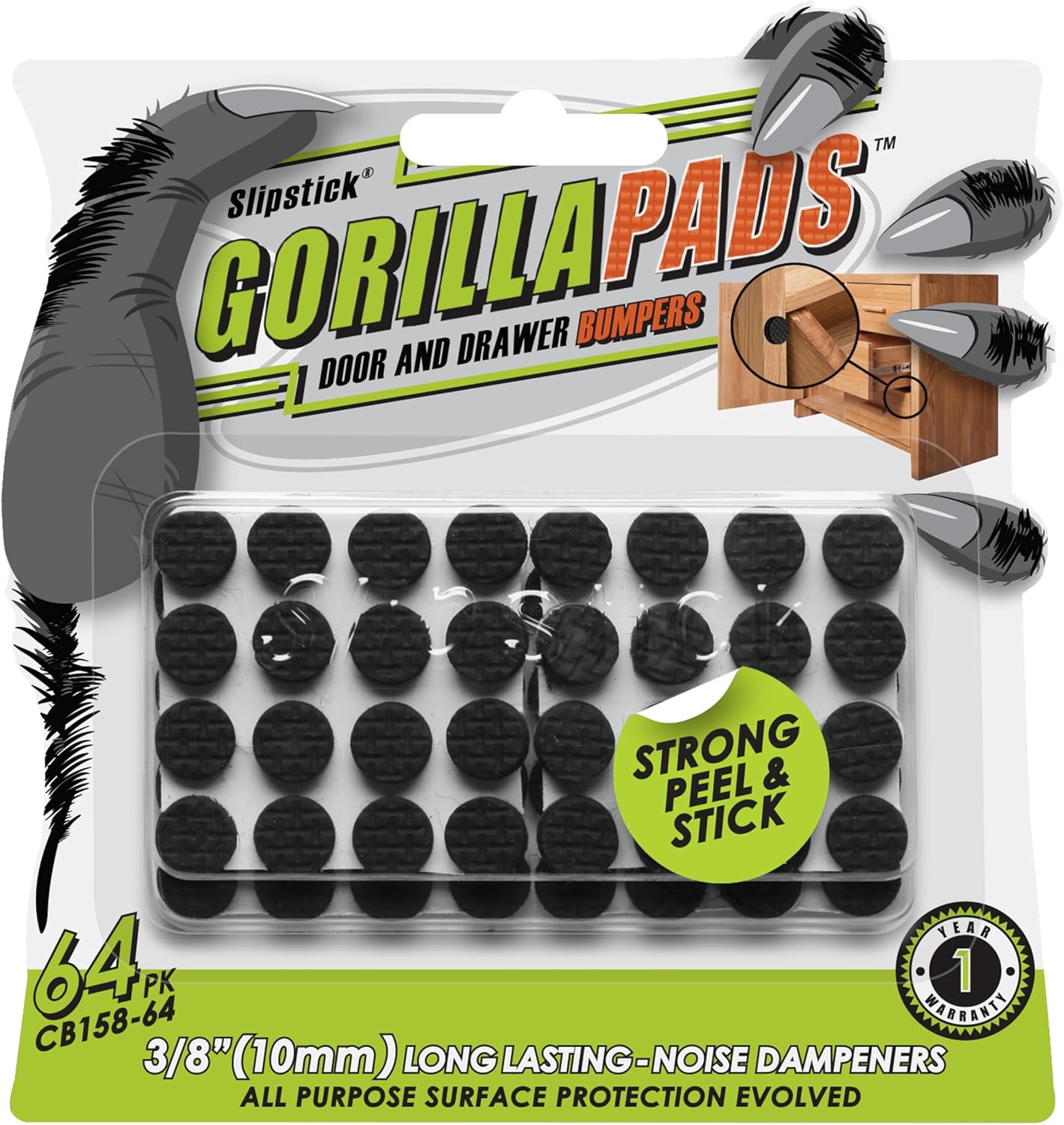 Slipstick GorillaPads CB147 Non Slip Furniture Pads/Gripper Feet (Set of 16) Self Adhesive Rubber Floor Protectors, 1 inch Round, Black