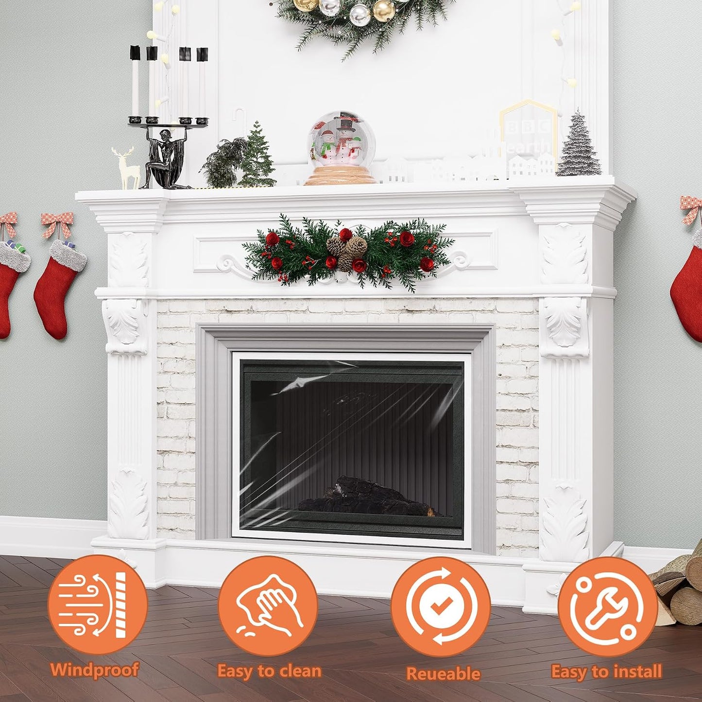 GCGOODS Fireplace Insulation Cover Kit to Prevent Heat Loss, Draft Stopper With Hook & Loop Tape, Adjustable Easy Cut to Fit, Transparent Screen, 39" x 78"