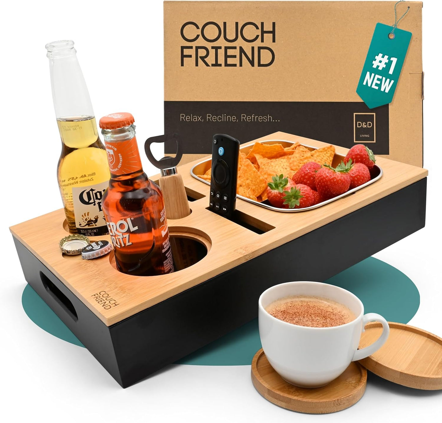 D&D Living® Sofa Tray - Flexible Couch Armrest Organizer with Anti-Slip Cork Pad | Sofa Tray with 18.5x13.4 inches, Sustainable Natural Large Bamboo