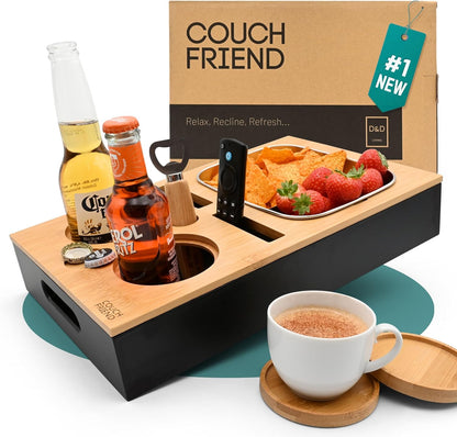 D&D Living® Sofa Tray - Flexible Couch Armrest Organizer with Anti-Slip Cork Pad | Sofa Tray with 18.5x13.4 inches, Sustainable Natural Large Bamboo