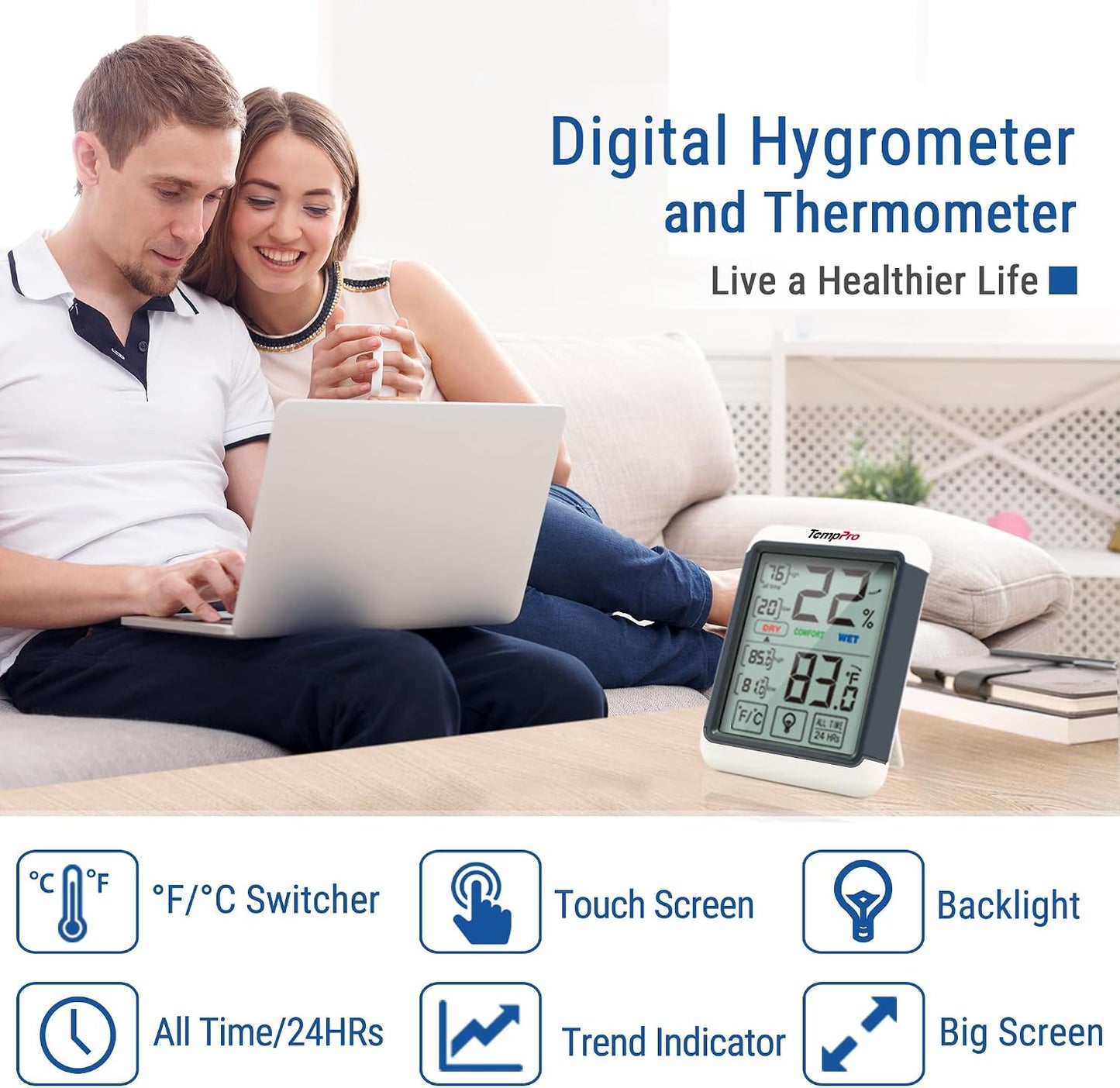 TempPro TempAir Digital Indoor Hygrometer Thermometer with Touchscreen | 4-Inch Temperature/Humidity Monitor with Backlit, Room Thermometer/Humidity Meter for House Home Greenhouse