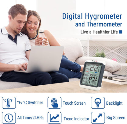 TempPro TempAir Digital Indoor Hygrometer Thermometer with Touchscreen | 4-Inch Temperature/Humidity Monitor with Backlit, Room Thermometer/Humidity Meter for House Home Greenhouse