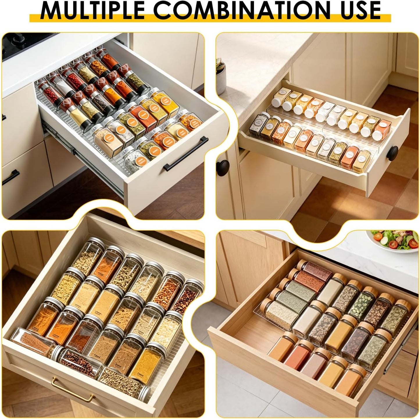 4 Pack Spice Drawer Organizer, Acrylic Spice Rack Expandable From 9" to 18", Clear Seasoning Organizer Tray for Kitchen Holds up to 24 Jars (Jars Not Included)