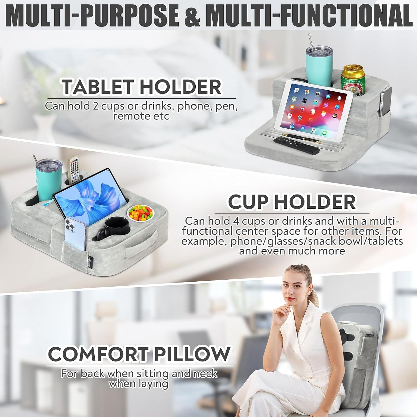 Couch Cup Holder Tray Pillow - Bed, Couch Caddy, Sofa, RV & Car - Holds Drinks, Snacks, Remotes, Phones, Kindle, Tablet | Bed Cup Holder (Grey)