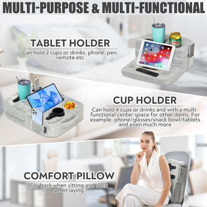 Couch Cup Holder Tray Pillow - Bed, Couch Caddy, Sofa, RV & Car - Holds Drinks, Snacks, Remotes, Phones, Kindle, Tablet | Bed Cup Holder (Grey)