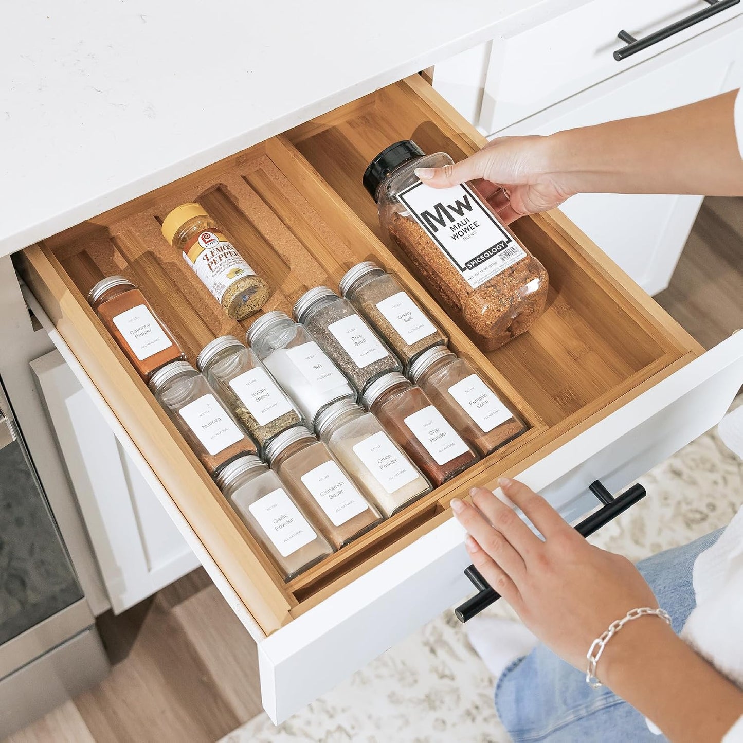 Expandable Spice Drawer Organizer, Bamboo | Holds up to 15 spice jars (not included), non-slip feet, 100% sustainable bamboo wood
