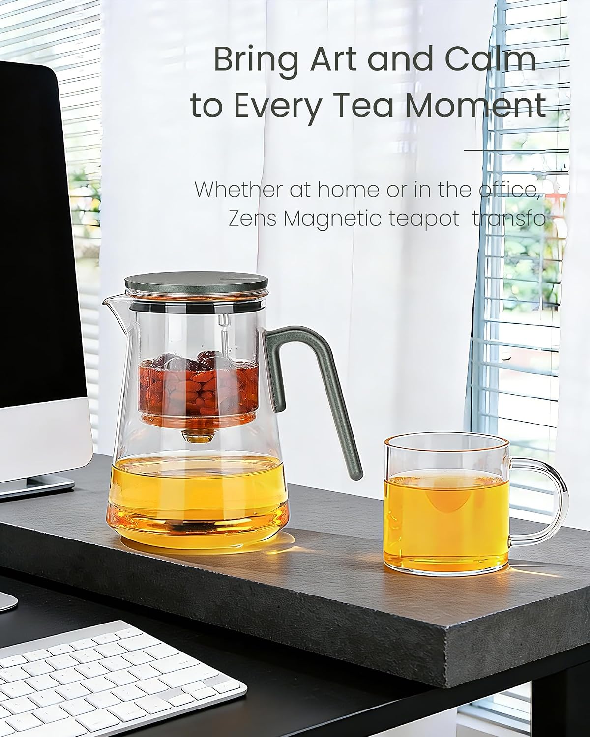 ZENS Magnetic Glass Infuser Teapot for Loose Tea, 27oz Walnut Wood Handle | Magic Teapot with Infuser, Echanted Tea Maker, Mess-Free Loose Leaf Tea Diffusers for Tea lover Gifts