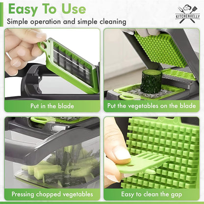Vegetable Chopper 16 in 1 with Container, Veggie Chopper Food Chopper and Dicer, Onion Chopper Vegetable Cutter with 8 Stainless Steel Blades, Easy Meal Prep Kitchen Tool, Green