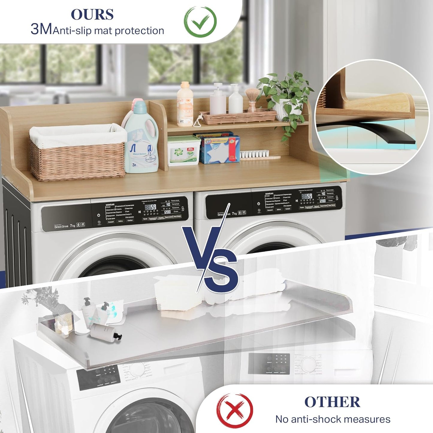 DTK Washer Dryer Wood Countertop with Shelf, Laundry Topper with Non-Slip Mat,27.55" Depth x 54" Width Dryer Covers for The Top with Edge Rails, Black