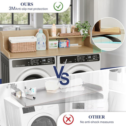 DTK Washer Dryer Wood Countertop with Shelf, Laundry Topper with Non-Slip Mat,27.55" Depth x 54" Width Dryer Covers for The Top with Edge Rails, Black