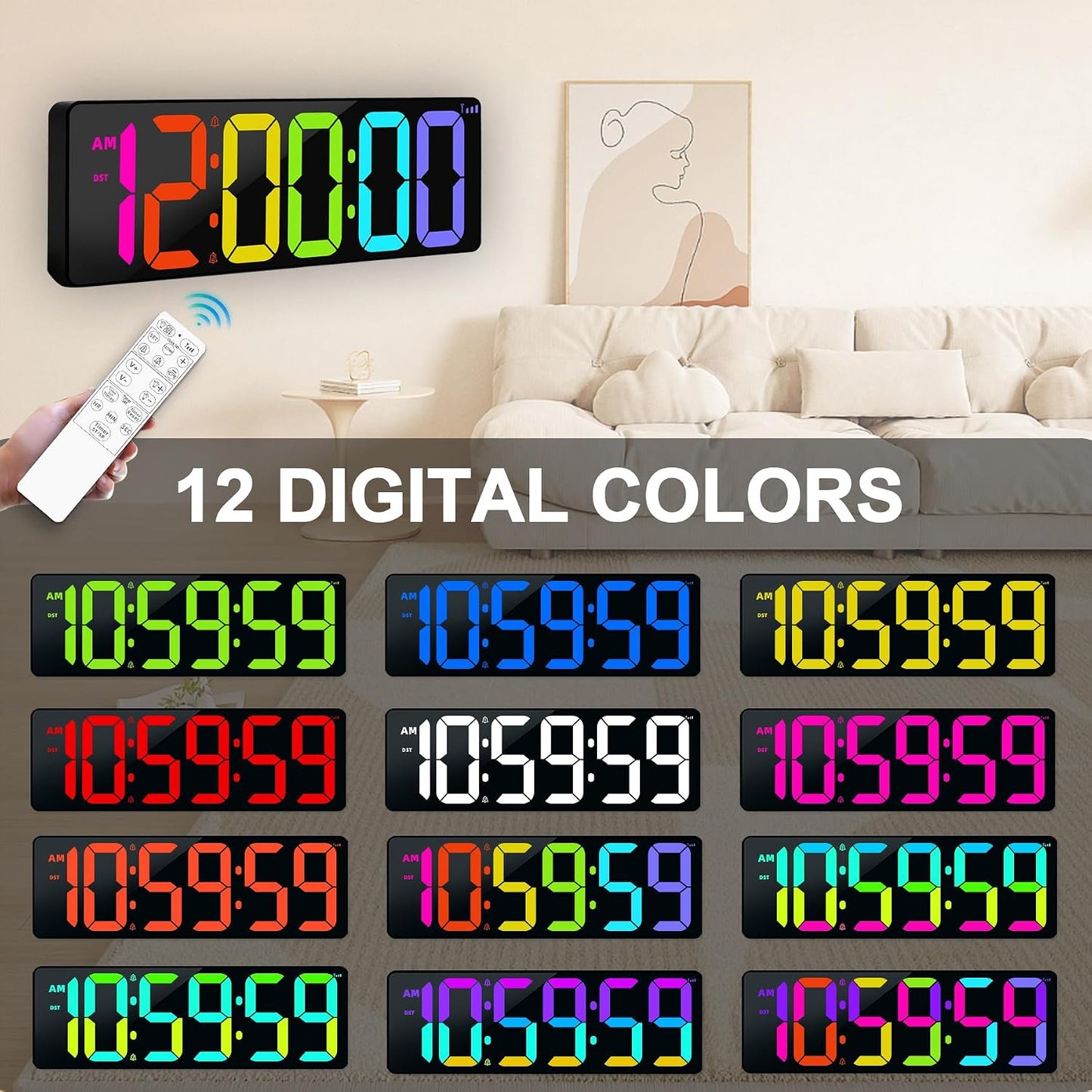 TXL 17.2" Bluetooth Digital Wall Clock with Seconds, Large Countdown Timer for Classroom Home Gym Kitchen Office, Alarm Clock with Remote Control, 4 Dimmable Brightness, Auto DST (RGB)