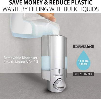 Better Living Aviva Wall Mount Shower Dispenser, 3 x 11 oz, Satin Silver | 3 Chamber, Shower Dispenser for Bathroom, Built-in Hooks, No Drill, Waterproof Dispenser Pump