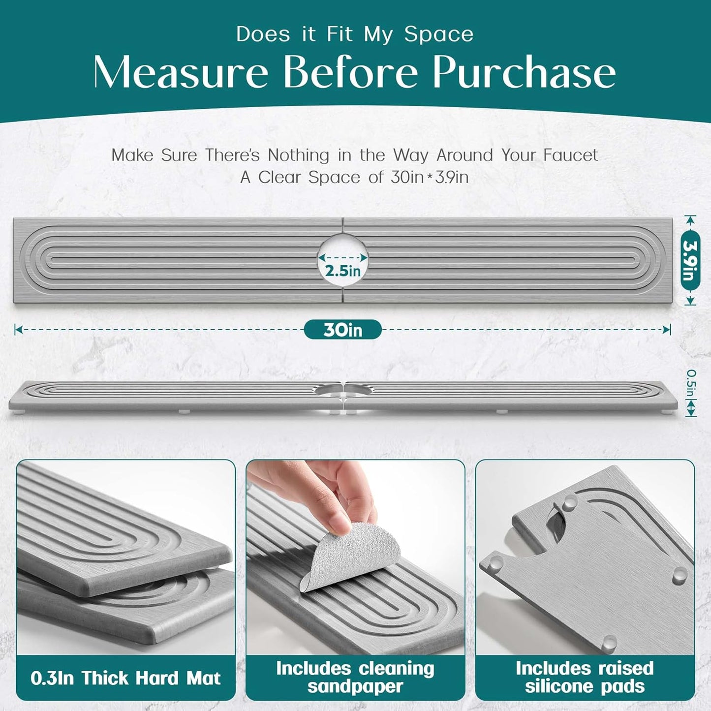 Stone Faucet Mat for Kitchen Sink – Diatomite Drying Stone Mat & Sink Protector, Prevents Moisture – Sink Splash Guard Water-Absorbing Stone Tray for Bathroom Counter (Light Grey, 20" x 3.9")