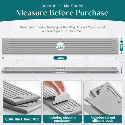 Stone Faucet Mat for Kitchen Sink – Diatomite Drying Stone Mat & Sink Protector, Prevents Moisture – Sink Splash Guard Water-Absorbing Stone Tray for Bathroom Counter (Light Grey, 20" x 3.9")