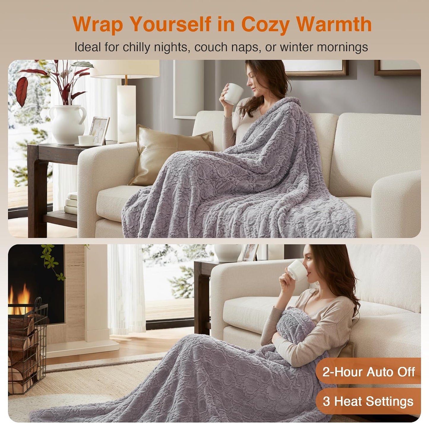 Beautyrest Long Brushed Faux Fur Ogee Textured Design Electric Blanket, Auto Shut Off, Virtually Zero EMF, Multi Heat Setting, UL Certified, Machine Washable, Grey Throw 50x60