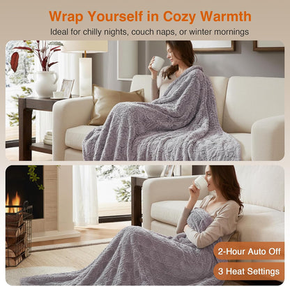 Beautyrest Long Brushed Faux Fur Ogee Textured Design Electric Blanket, Auto Shut Off, Virtually Zero EMF, Multi Heat Setting, UL Certified, Machine Washable, Grey Throw 50x60
